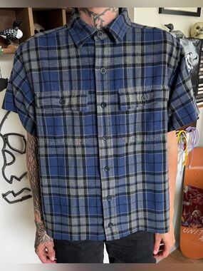 LL Bean Cropped Chamois Blue & Gray Plaid S/S Button Down Shirt ~ Size Medium